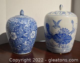 Two Vintage Blue and White Jars with Lids – Oriental in Design 